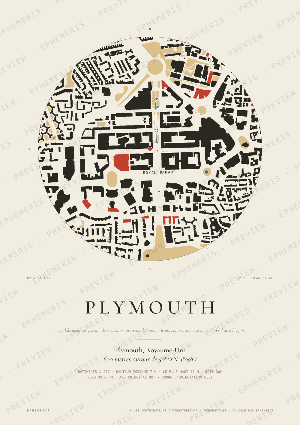Affiche carte de Plymouth : la ville dessinée en plan