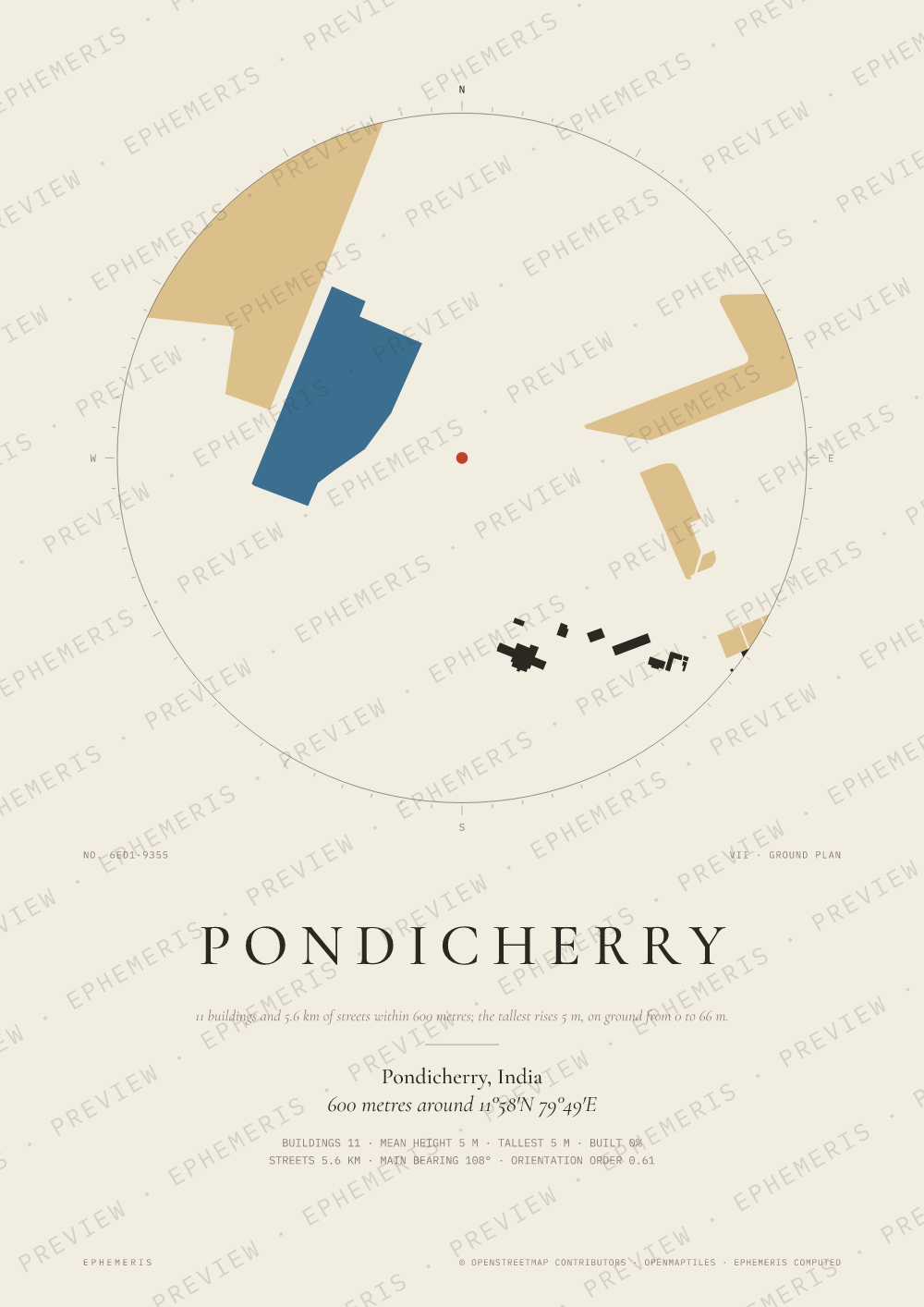 Pondicherry map poster: the city drawn as a plan