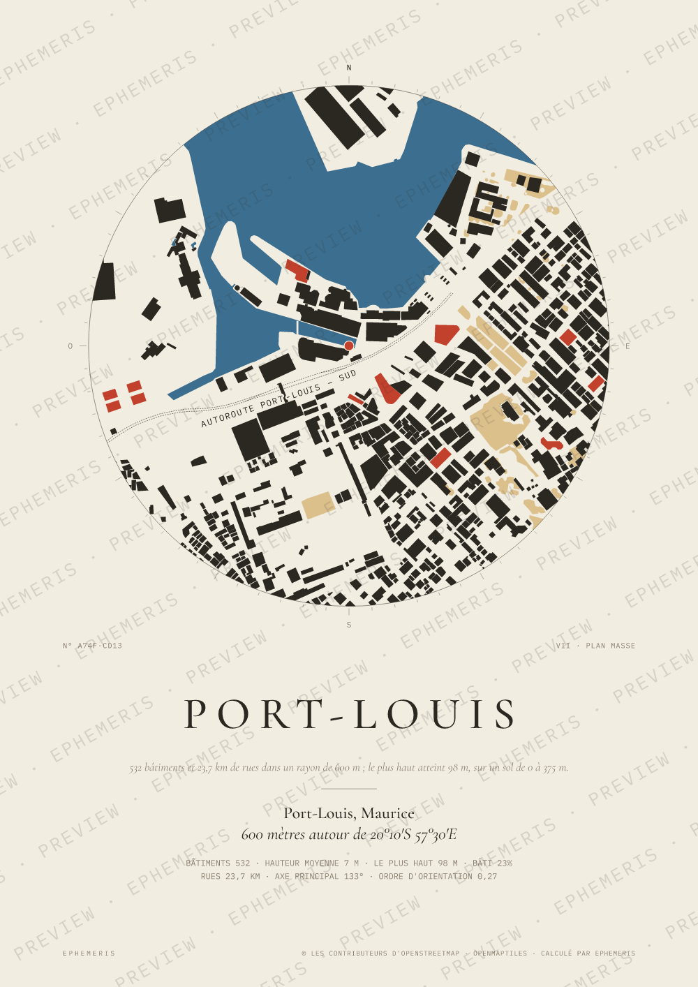 Affiche carte de Port-Louis : la ville dessinée en plan