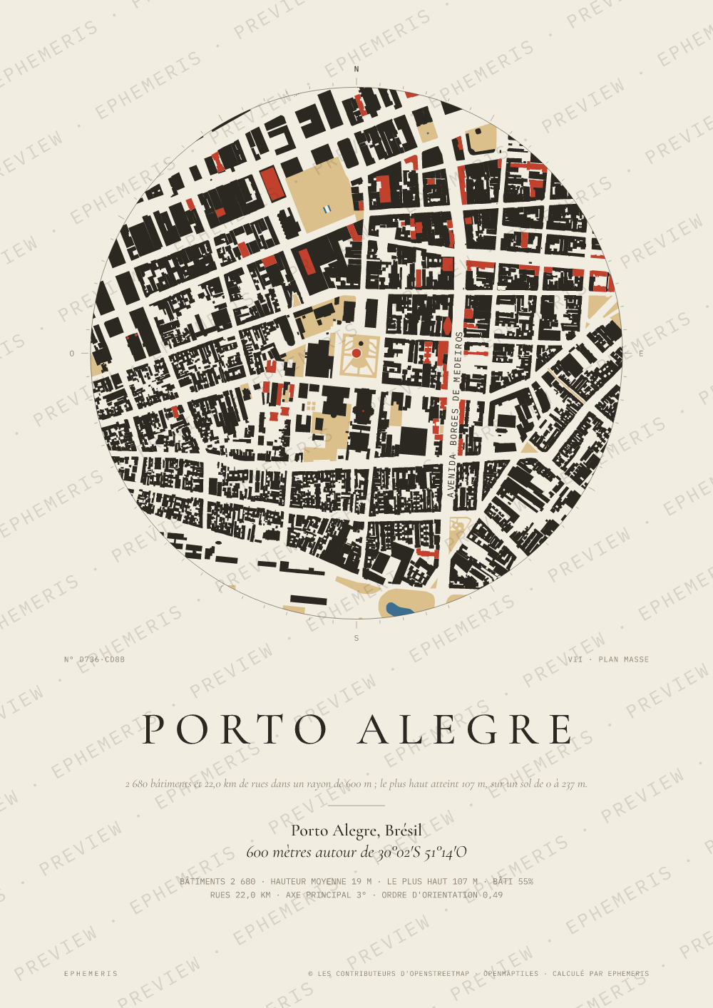 Affiche carte de Porto Alegre : la ville dessinée en plan