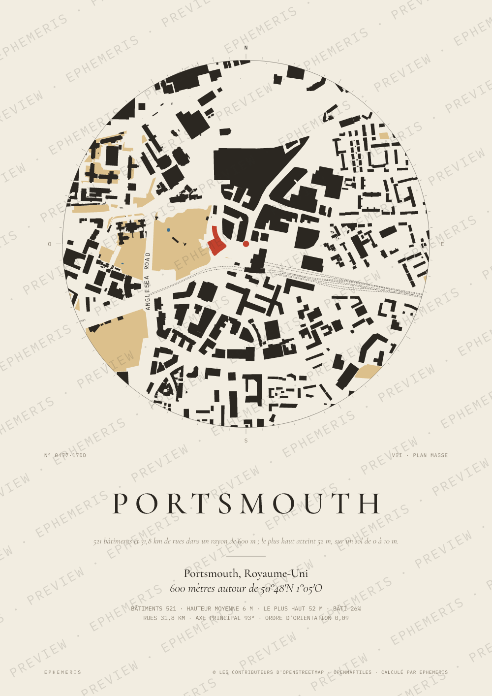 Affiche carte de Portsmouth : la ville dessinée en plan