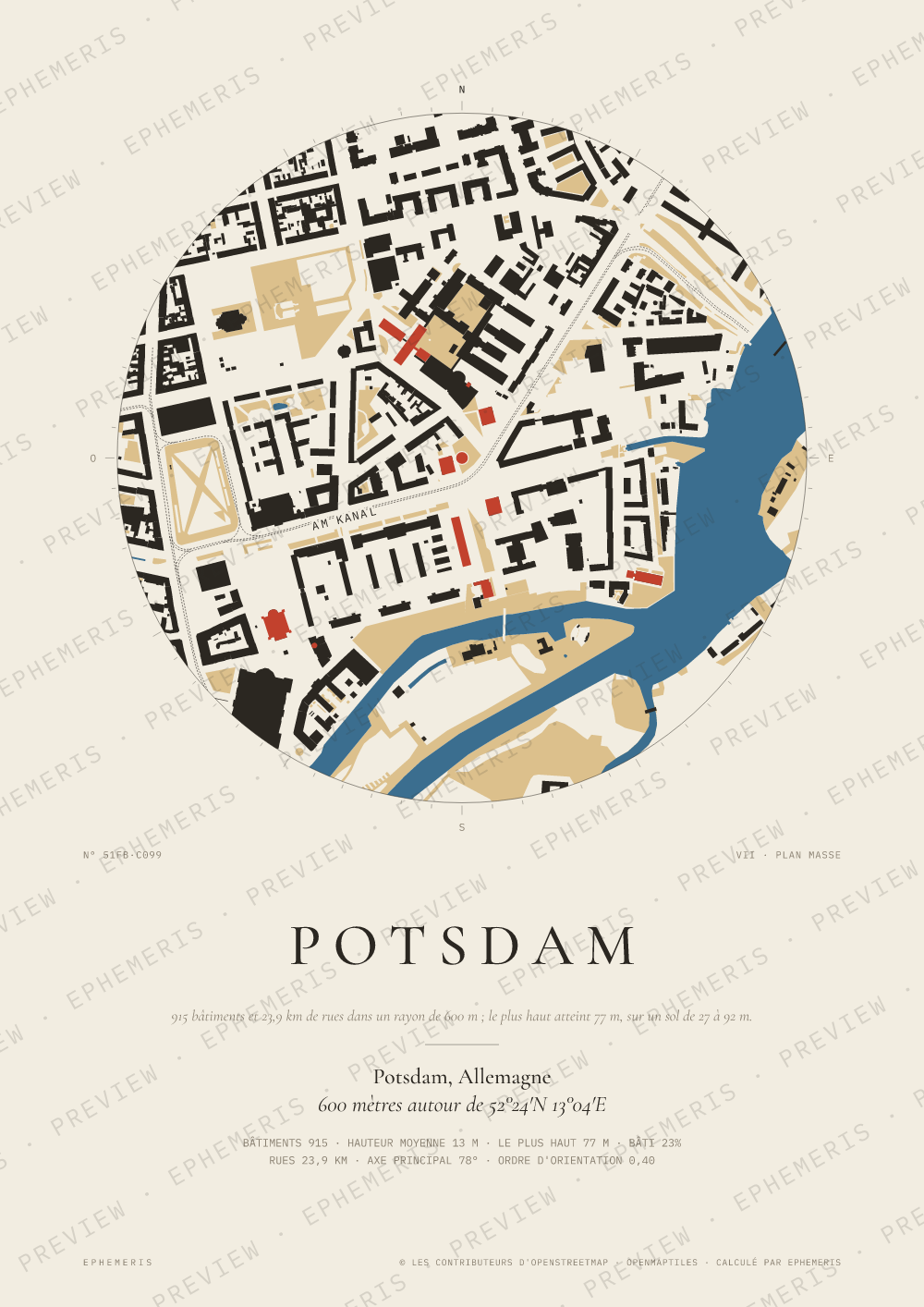 Affiche carte de Potsdam : la ville dessinée en plan