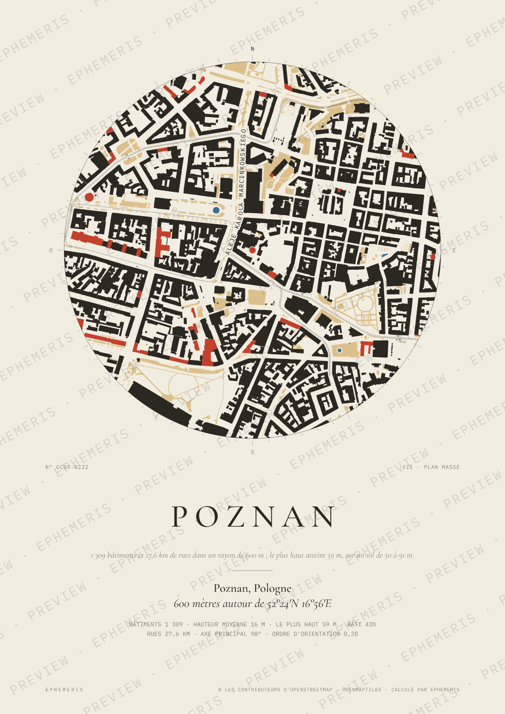 Affiche carte de Poznan : la ville dessinée en plan