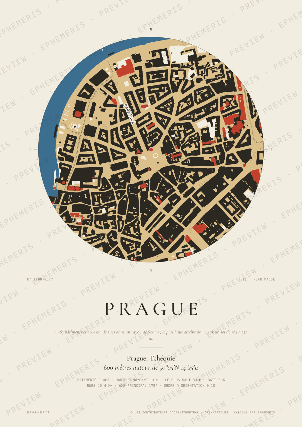 Affiche carte de Prague : la ville dessinée en plan