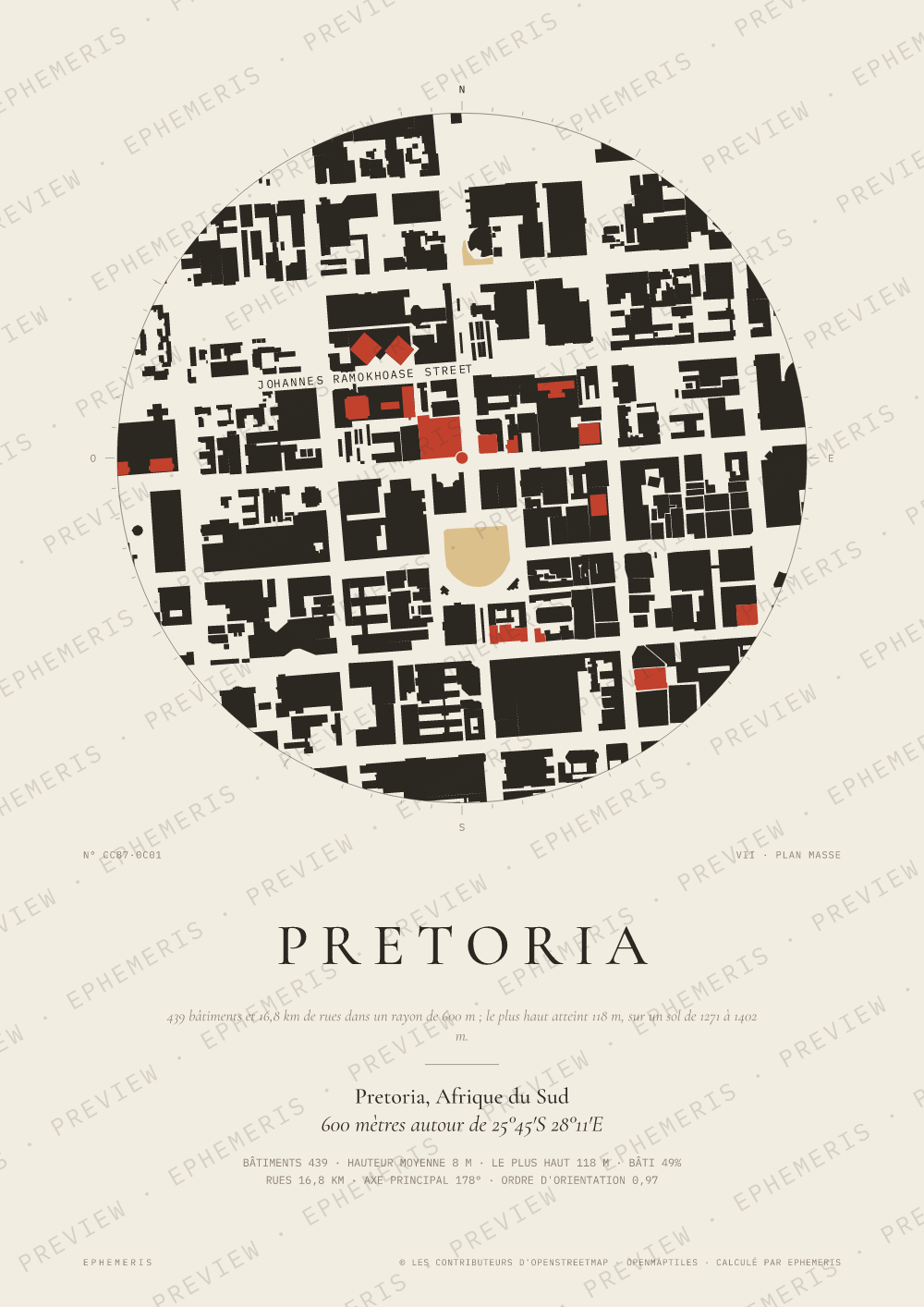 Affiche carte de Pretoria : la ville dessinée en plan