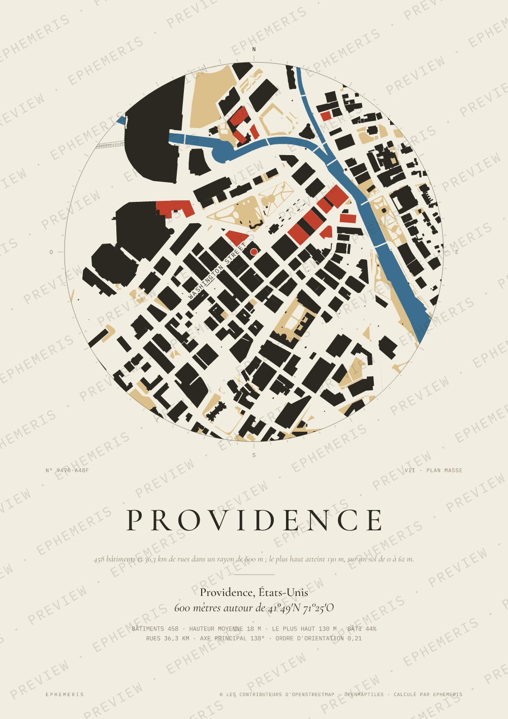 Affiche carte de Providence : la ville dessinée en plan