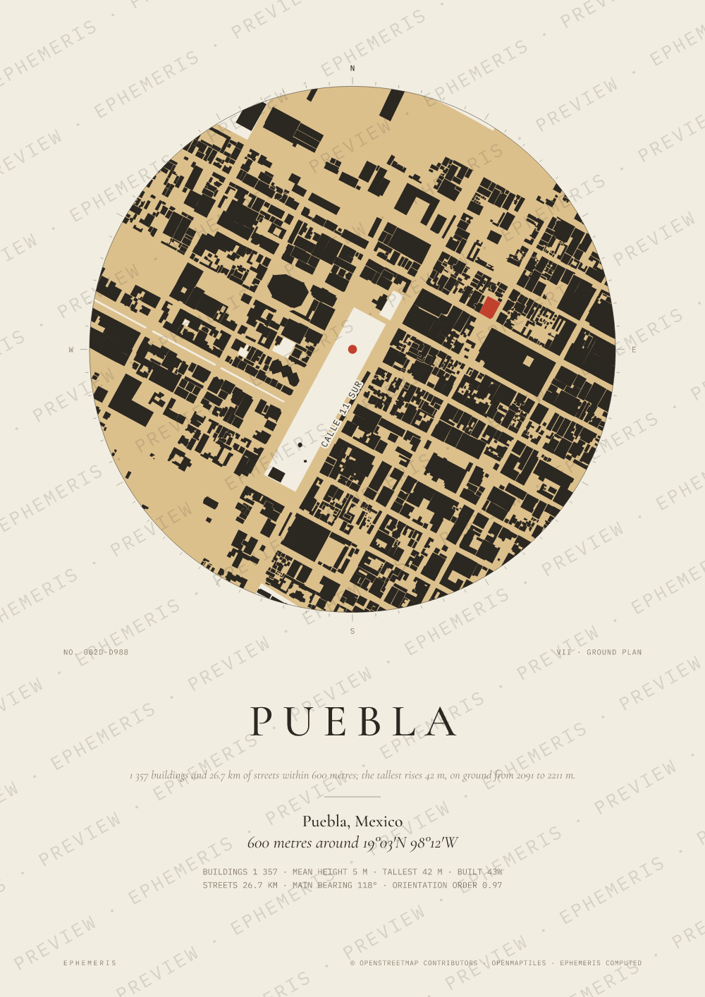 Puebla map poster: the city drawn as a plan