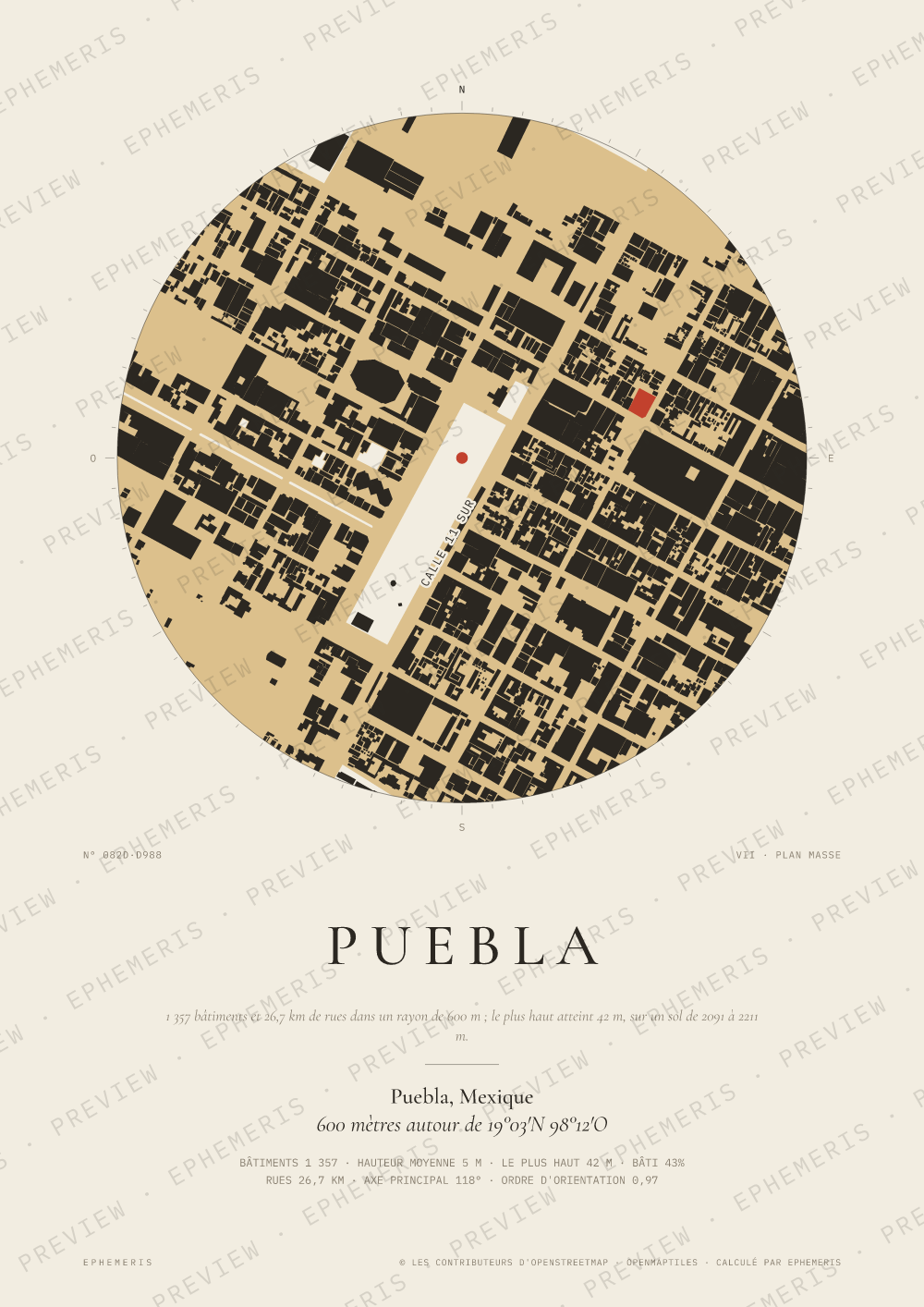 Affiche carte de Puebla : la ville dessinée en plan