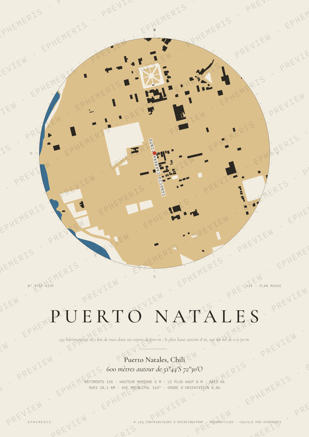 Affiche carte de Puerto Natales : la ville dessinée en plan