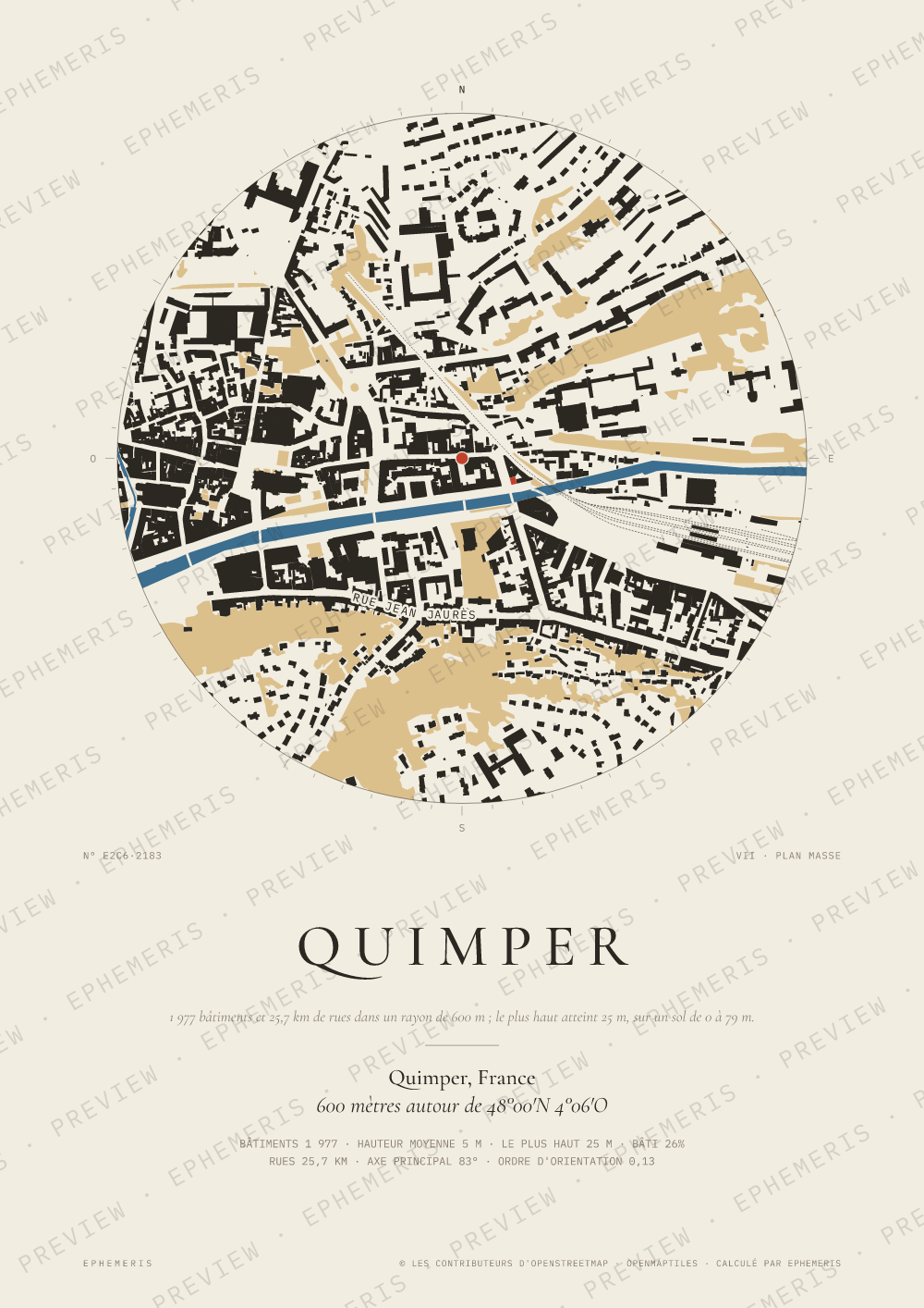 Affiche carte de Quimper : la ville dessinée en plan