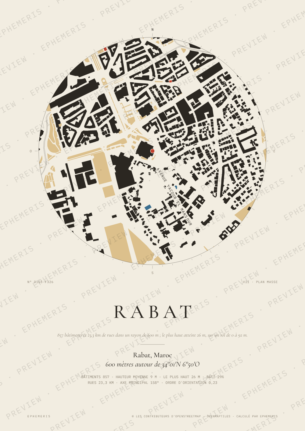 Affiche carte de Rabat : la ville dessinée en plan