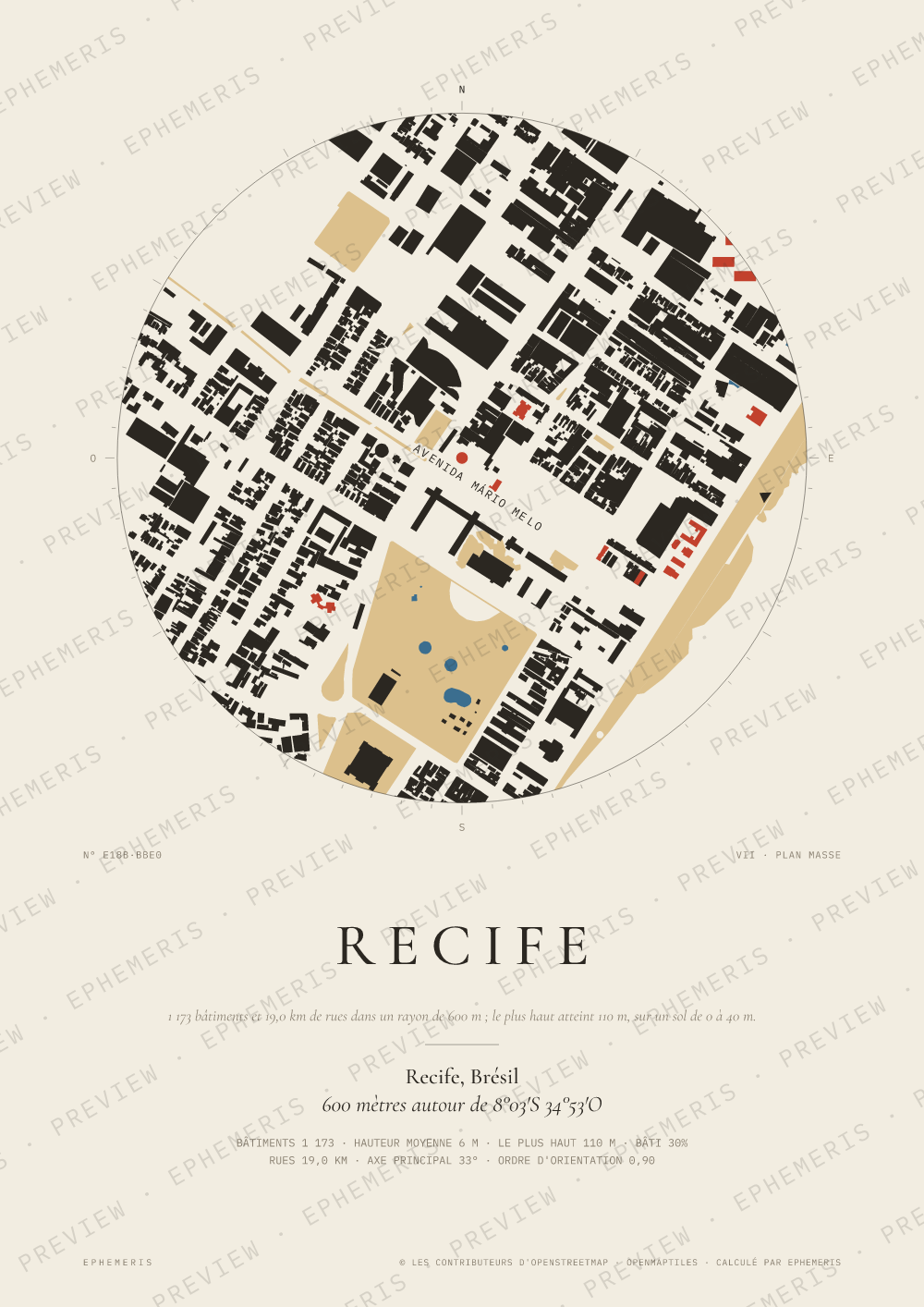 Affiche carte de Recife : la ville dessinée en plan