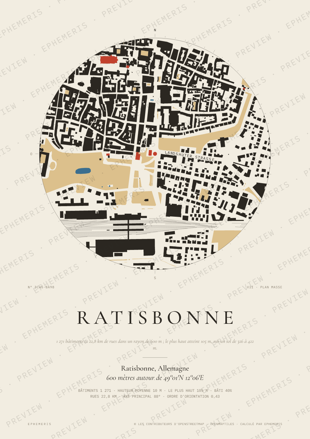 Affiche carte de Ratisbonne : la ville dessinée en plan