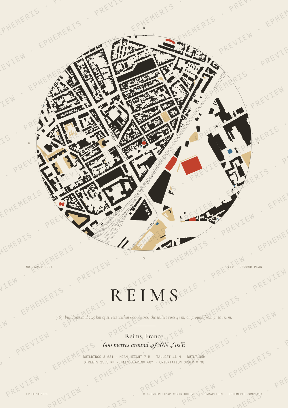 Reims map poster: the city drawn as a plan