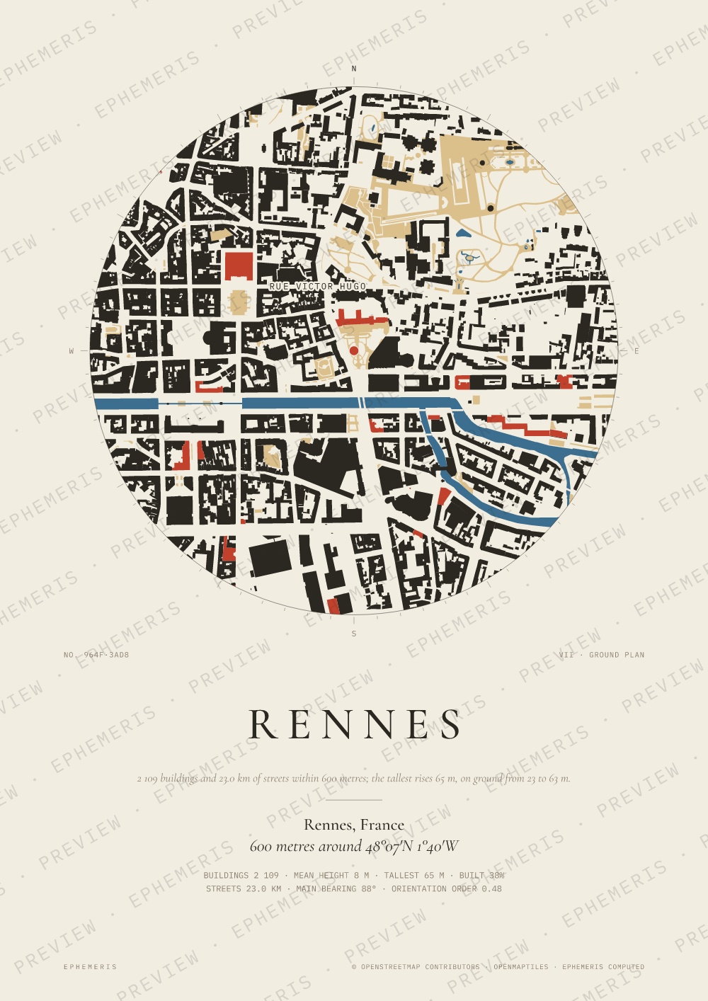 Rennes map poster: the city drawn as a plan