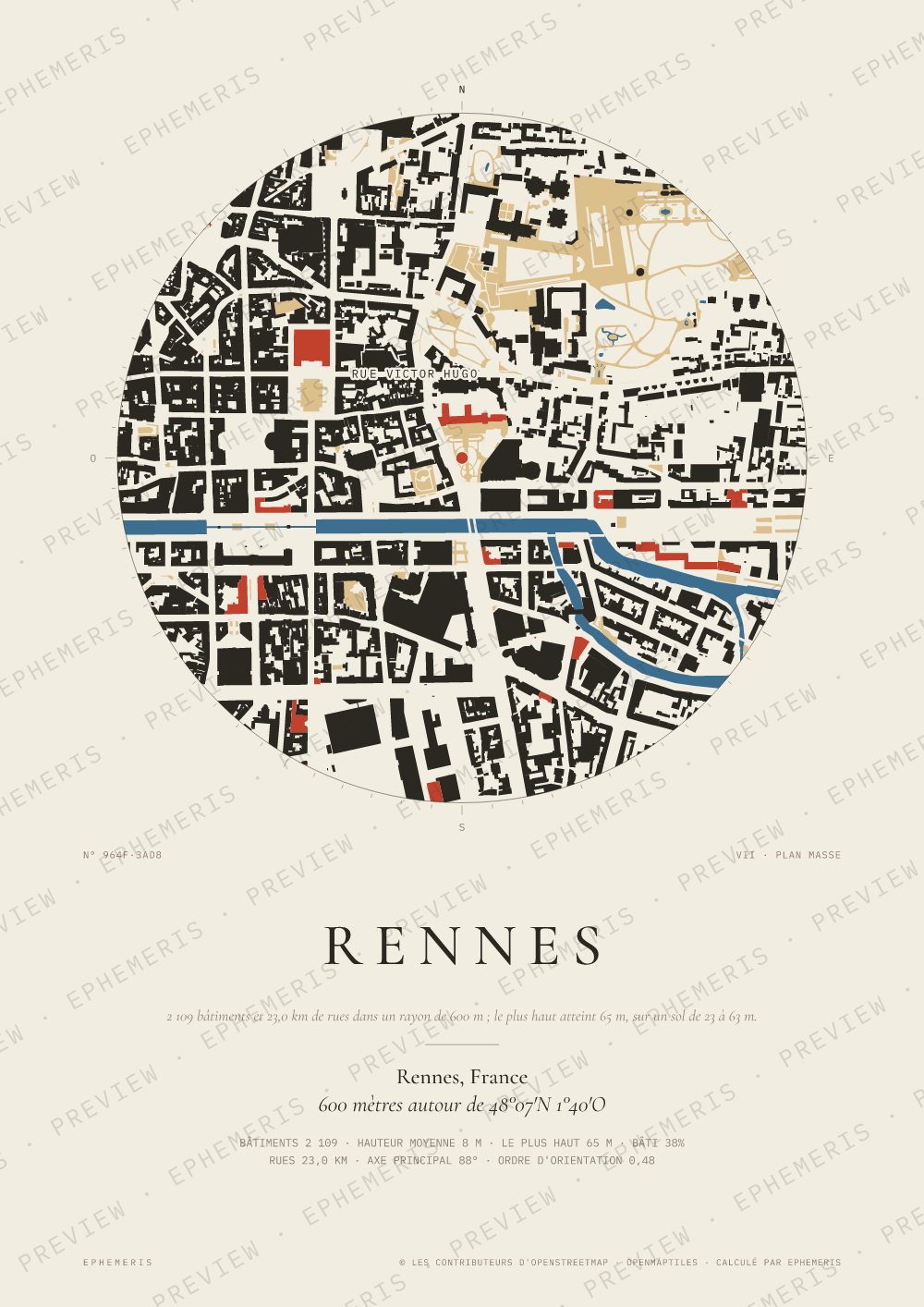 Affiche carte de Rennes : la ville dessinée en plan
