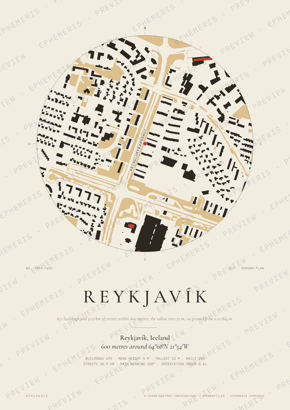 Reykjavík map poster: the city drawn as a plan