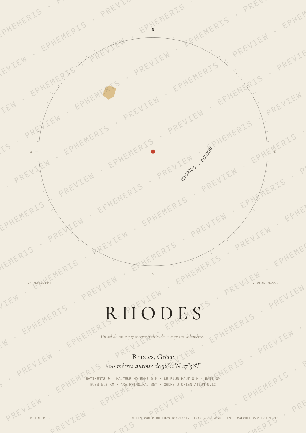 Affiche carte de Rhodes : la ville dessinée en plan