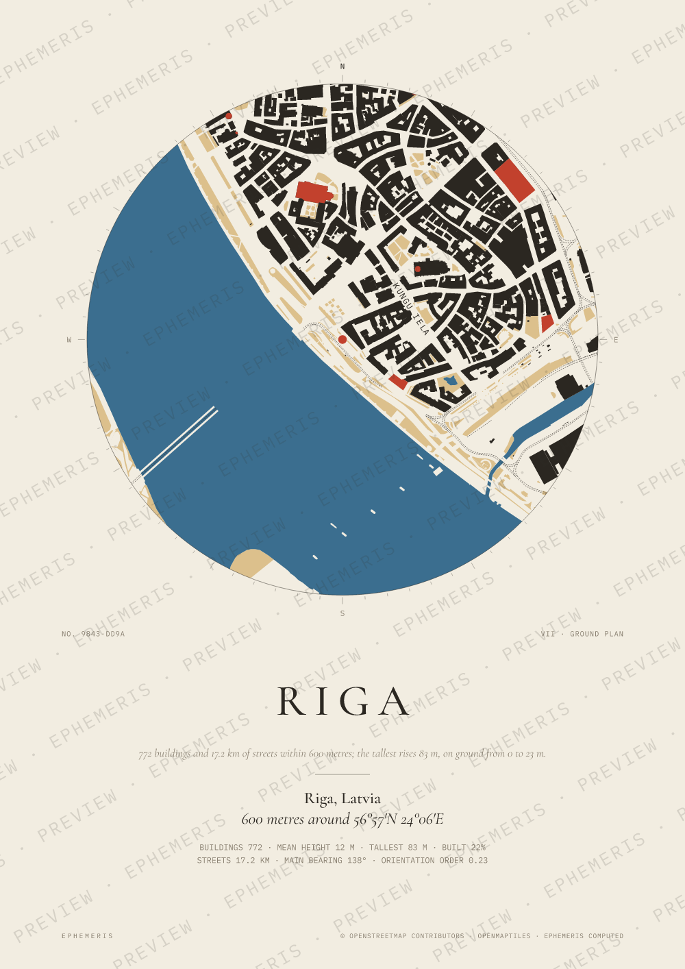 Riga map poster: the city drawn as a plan