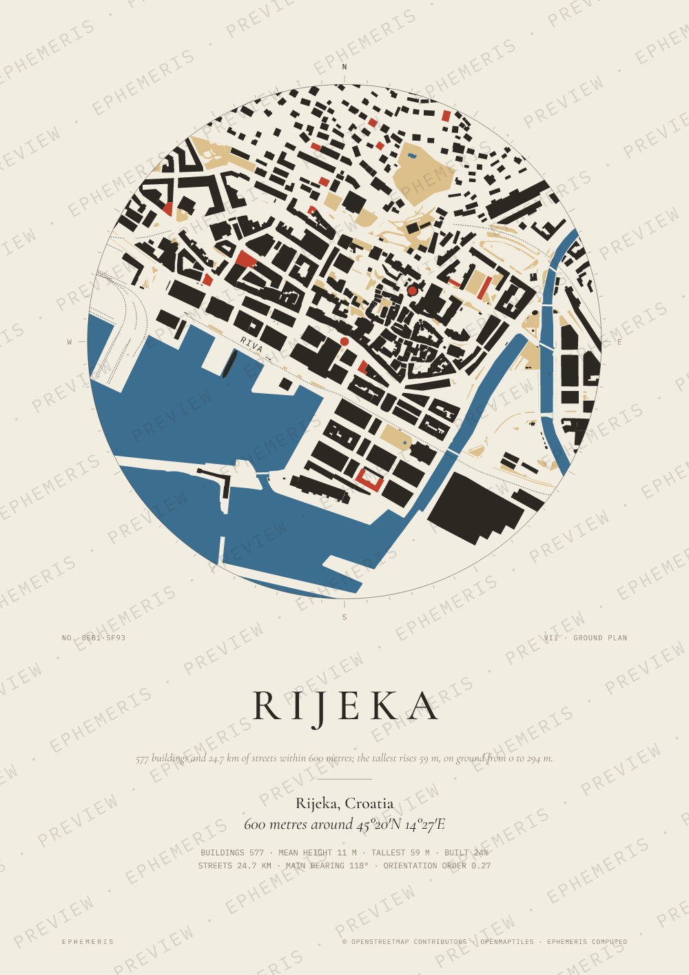 Rijeka map poster: the city drawn as a plan