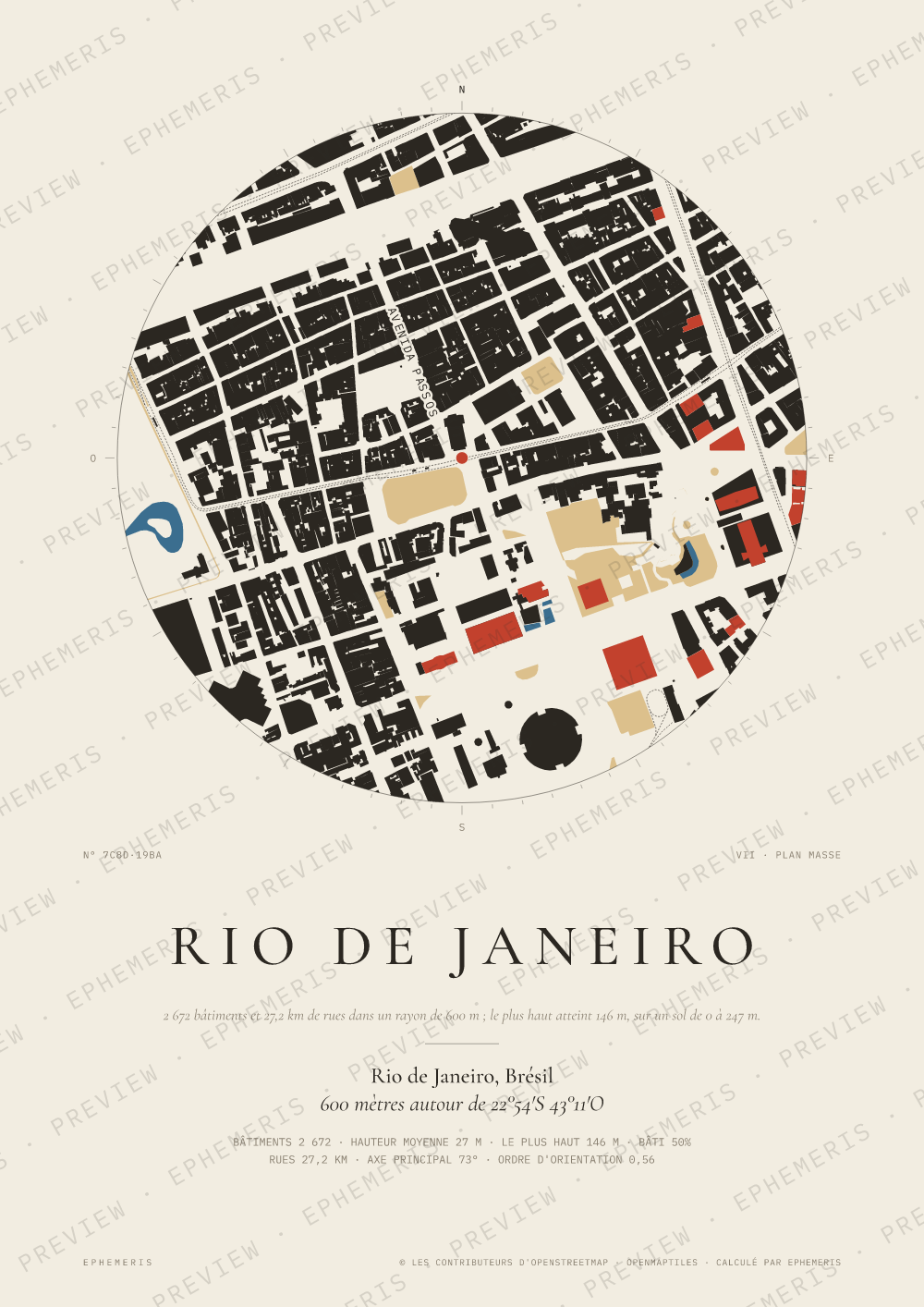 Affiche carte de Rio de Janeiro : la ville dessinée en plan