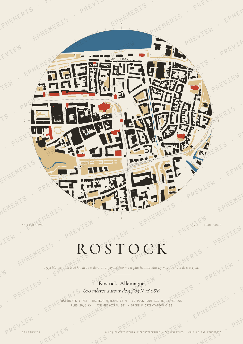 Affiche carte de Rostock : la ville dessinée en plan