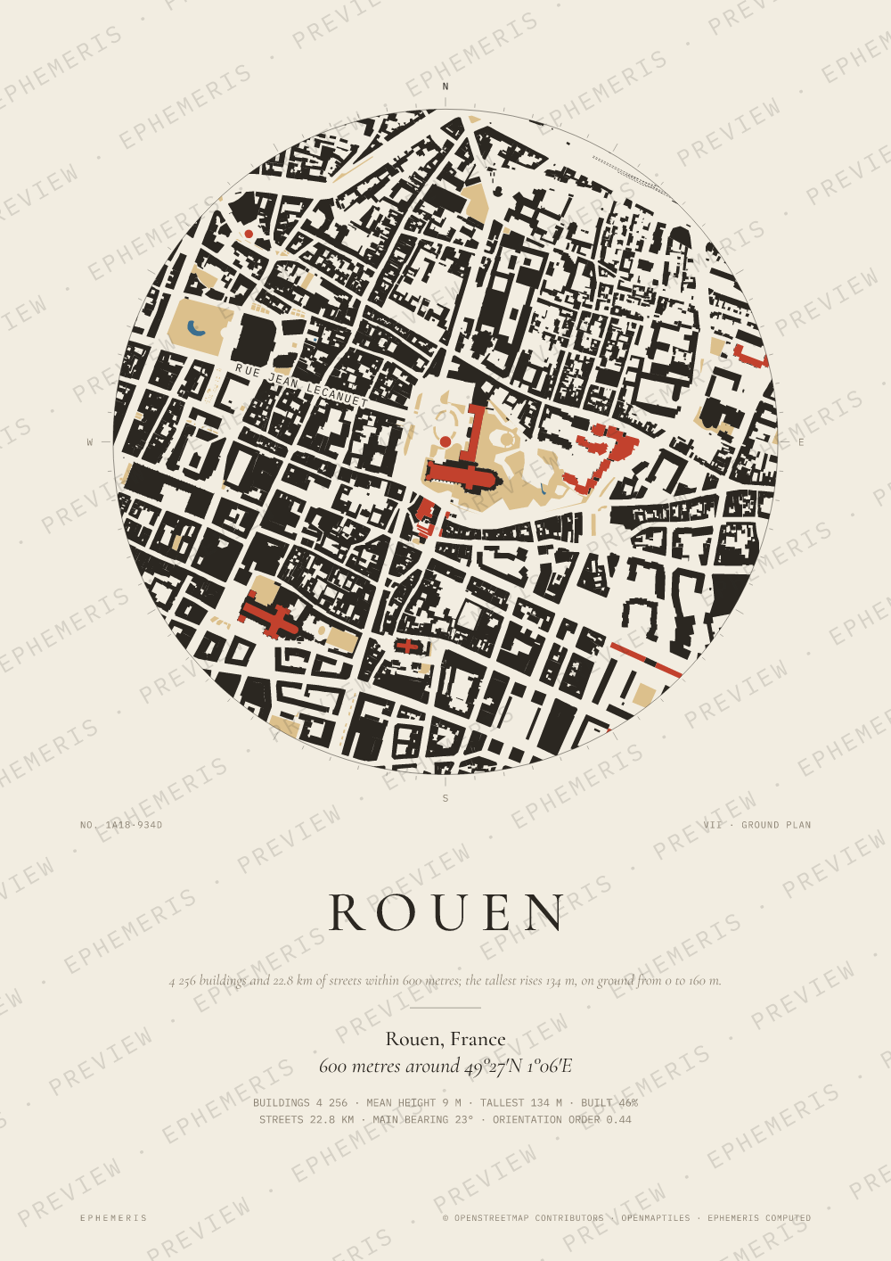 Rouen map poster: the city drawn as a plan