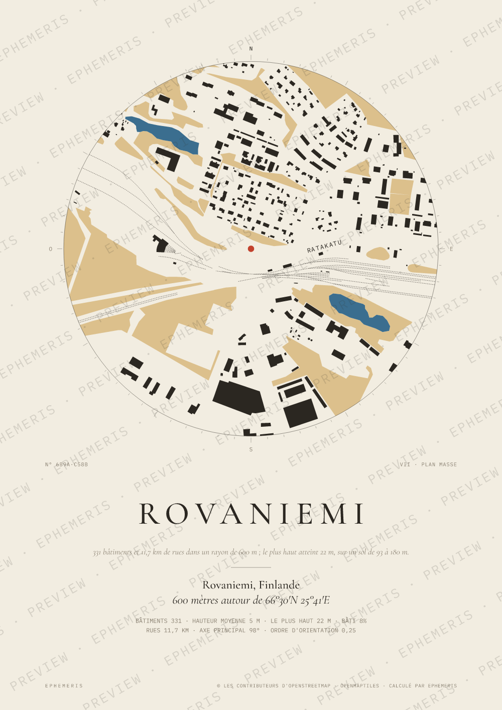 Affiche carte de Rovaniemi : la ville dessinée en plan