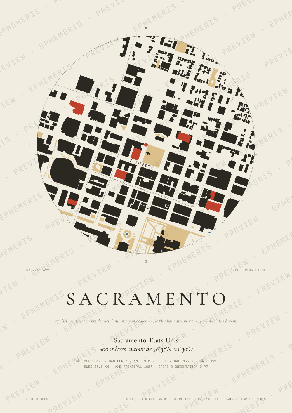 Affiche carte de Sacramento : la ville dessinée en plan