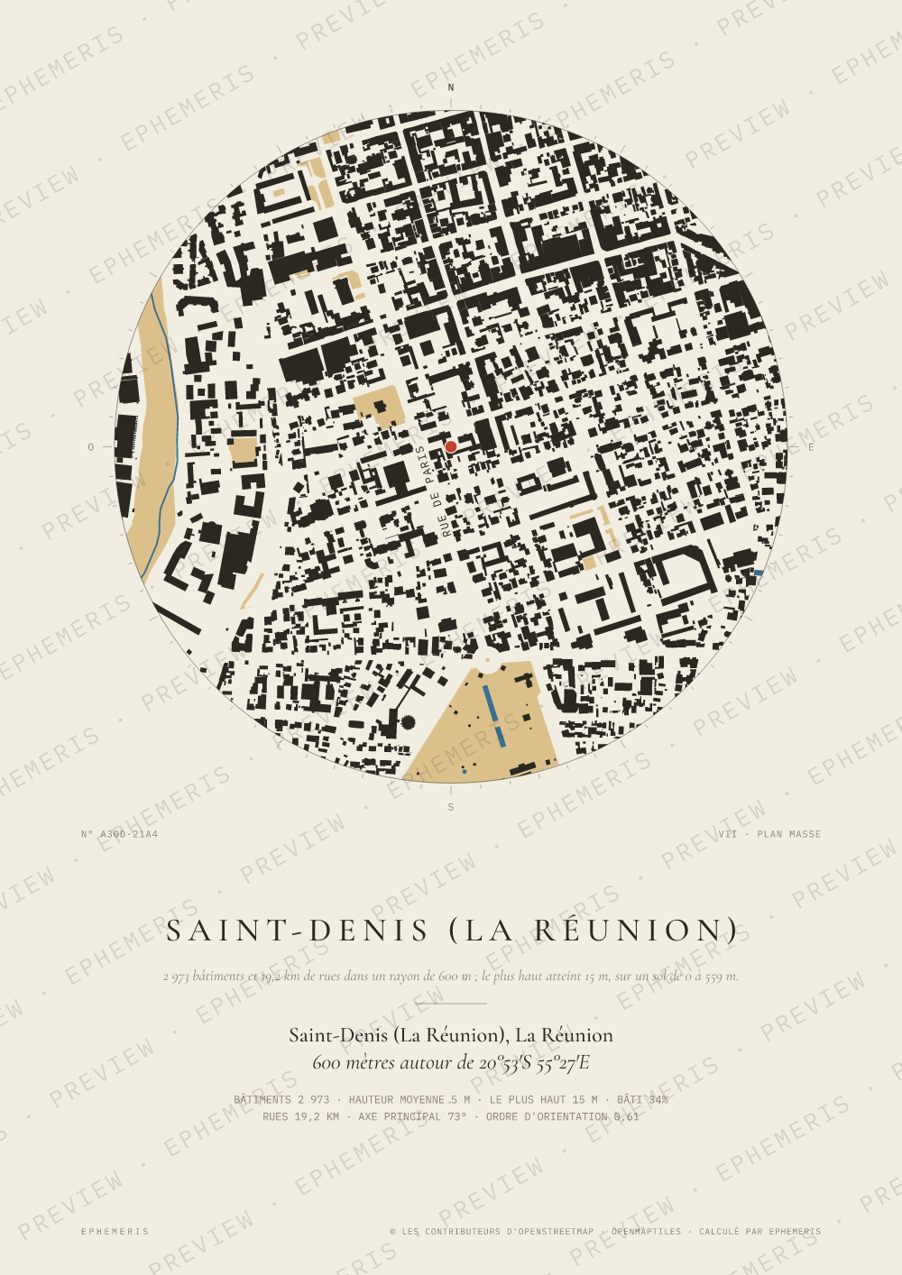 Affiche carte de Saint-Denis (La Réunion) : la ville dessinée en plan