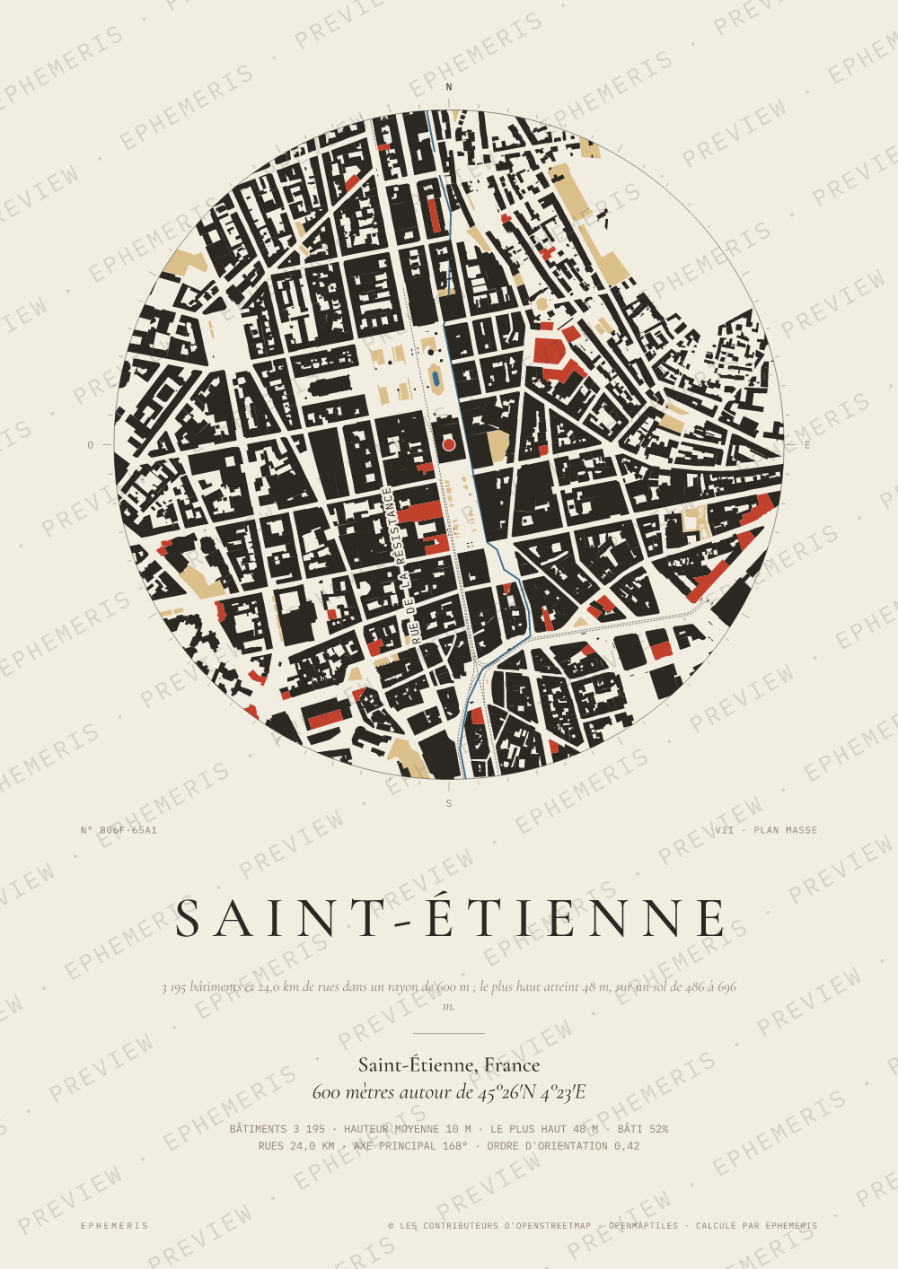 Affiche carte de Saint-Étienne : la ville dessinée en plan