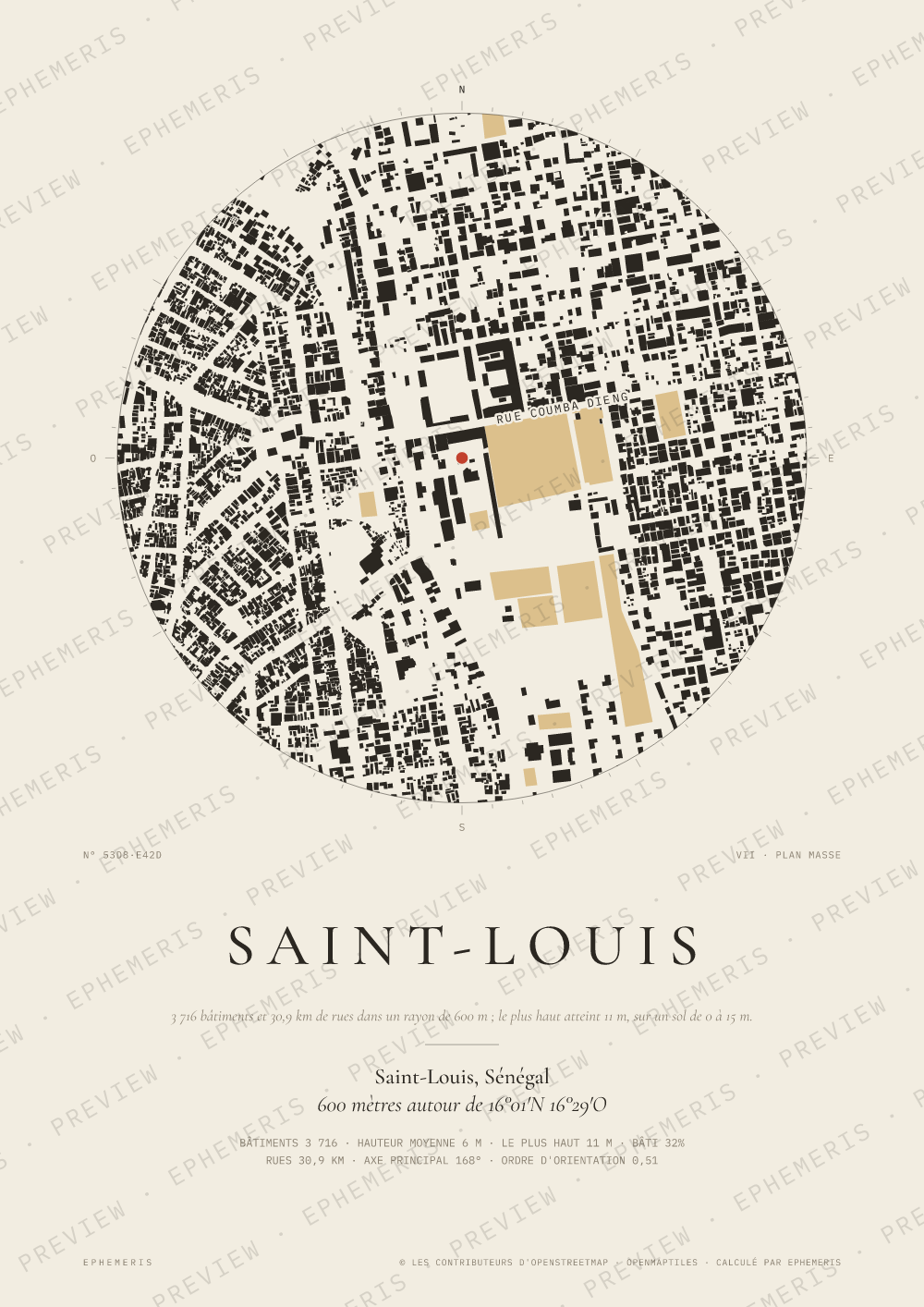 Affiche carte de Saint-Louis : la ville dessinée en plan