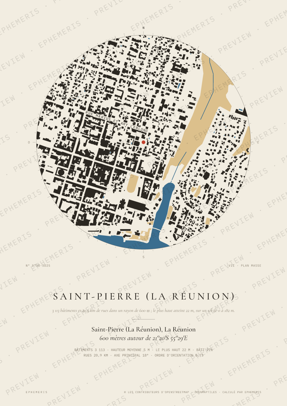 Affiche carte de Saint-Pierre (La Réunion) : la ville dessinée en plan