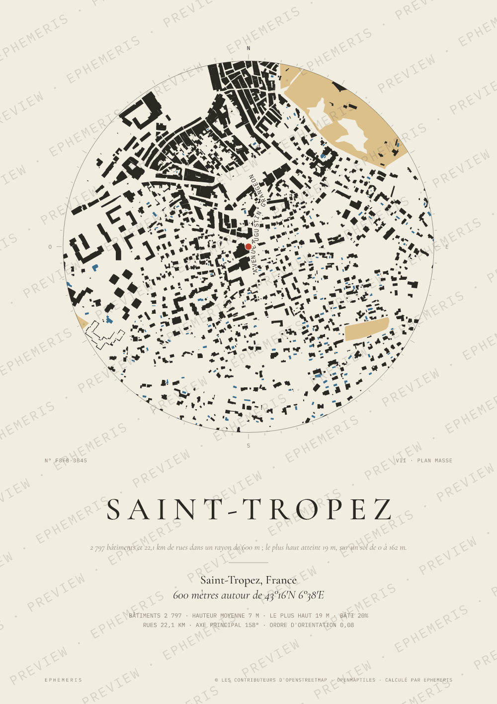 Affiche carte de Saint-Tropez : la ville dessinée en plan