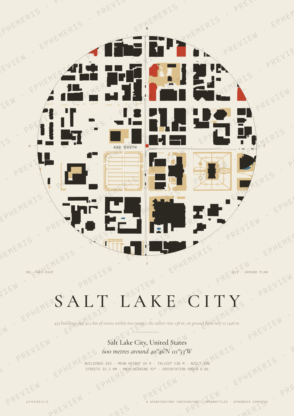 Salt Lake City map poster: the city drawn as a plan