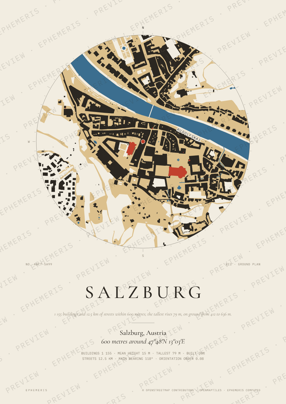 Salzburg map poster: the city drawn as a plan
