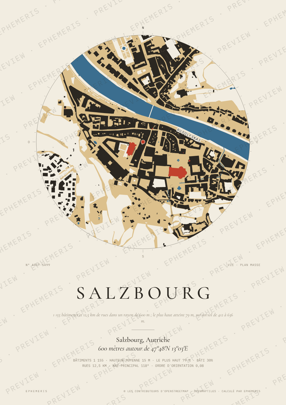 Affiche carte de Salzbourg : la ville dessinée en plan