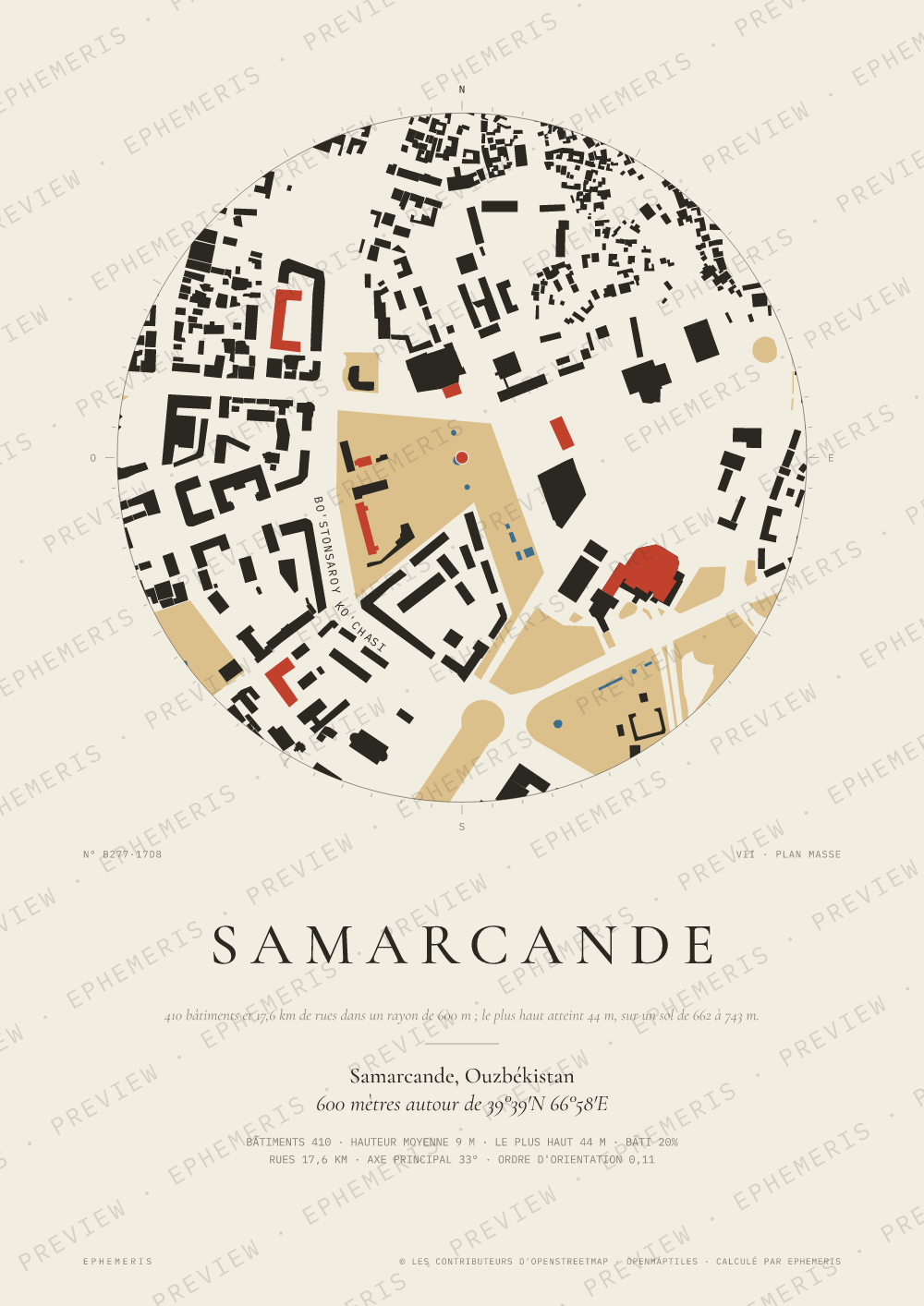 Affiche carte de Samarcande : la ville dessinée en plan