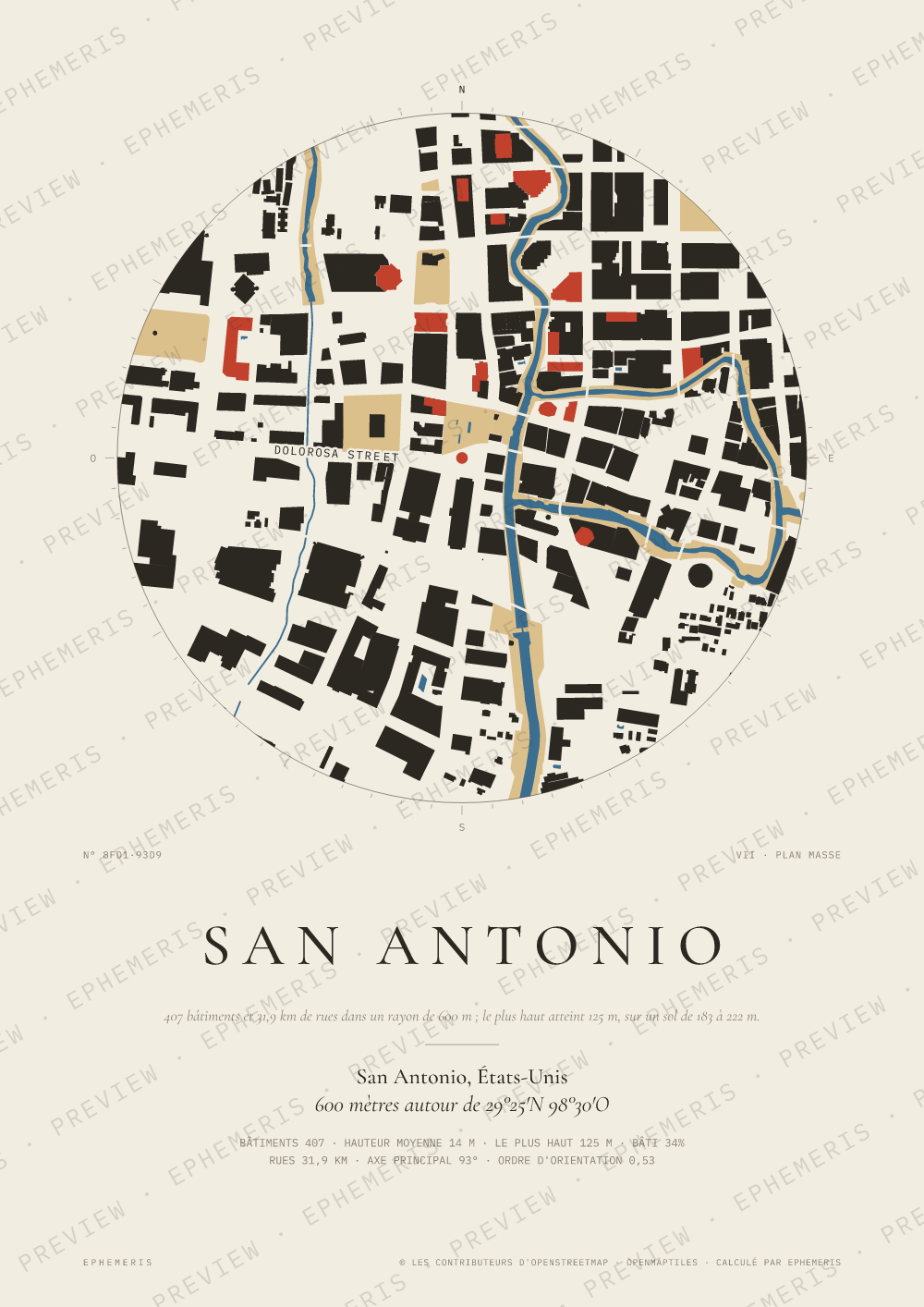 Affiche carte de San Antonio : la ville dessinée en plan