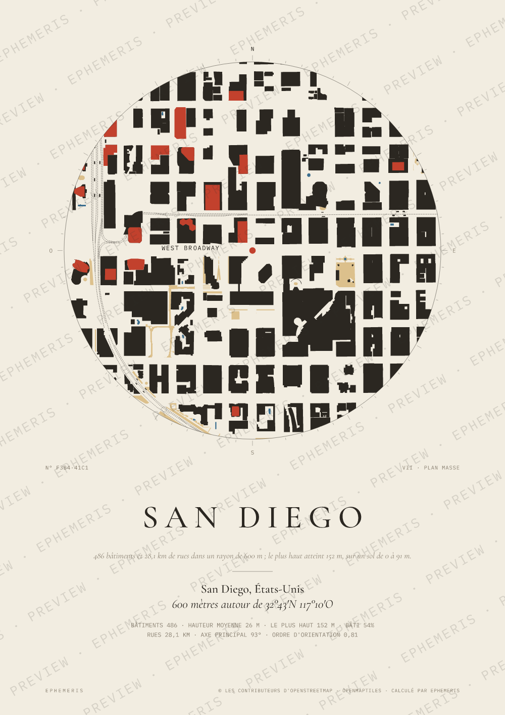 Affiche carte de San Diego : la ville dessinée en plan