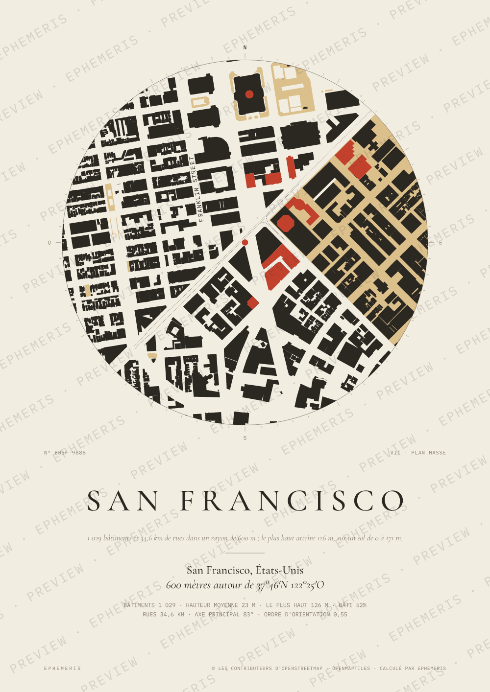 Affiche carte de San Francisco : la ville dessinée en plan