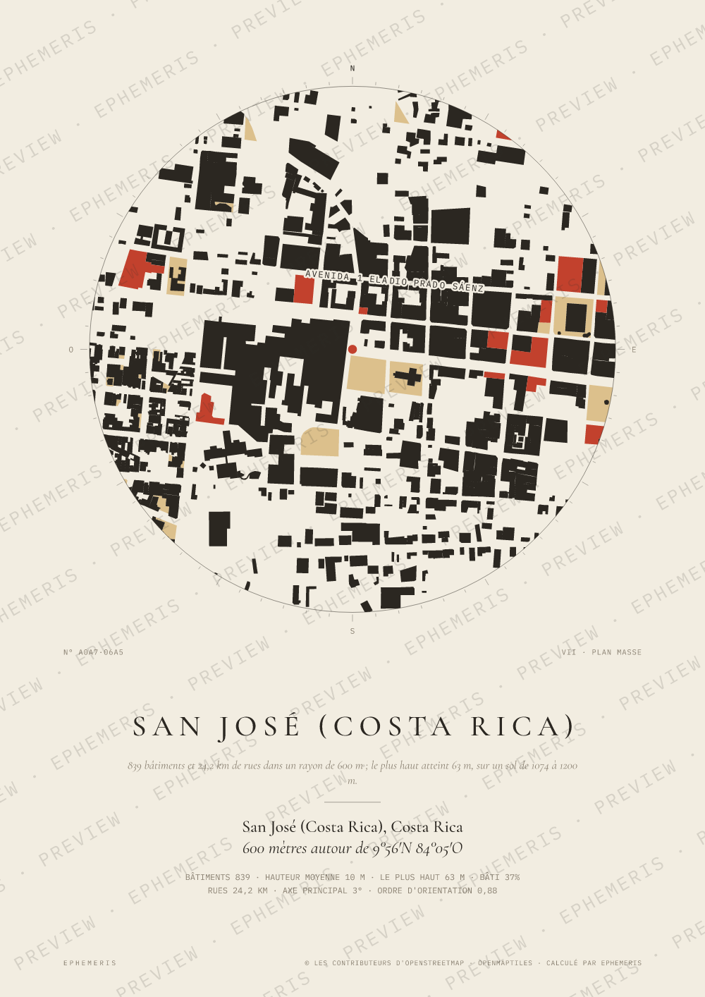 Affiche carte de San José (Costa Rica) : la ville dessinée en plan