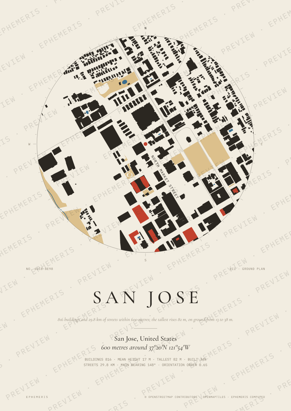 San Jose map poster: the city drawn as a plan