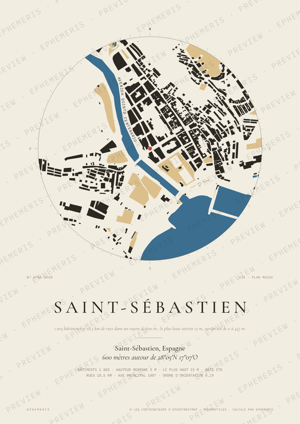 Affiche carte de Saint-Sébastien : la ville dessinée en plan