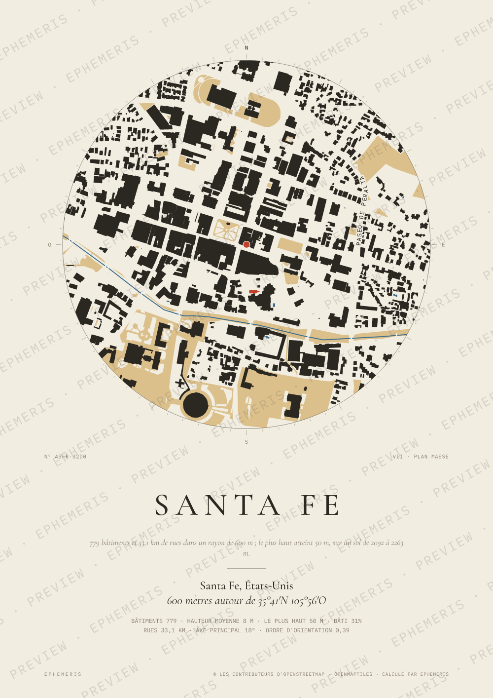 Affiche carte de Santa Fe : la ville dessinée en plan