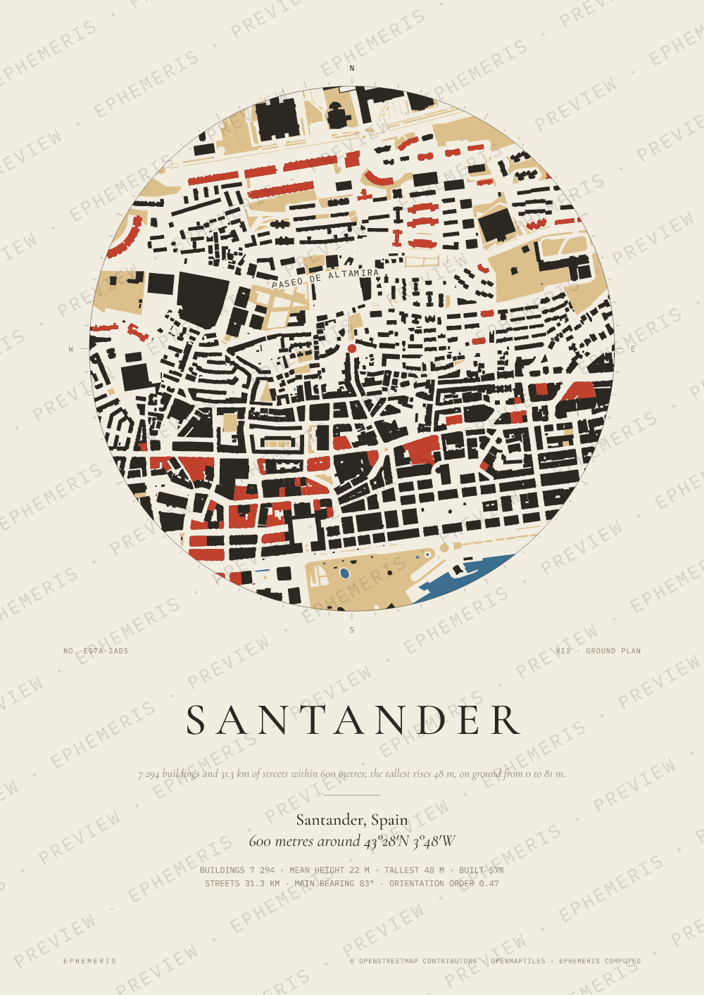 Santander map poster: the city drawn as a plan