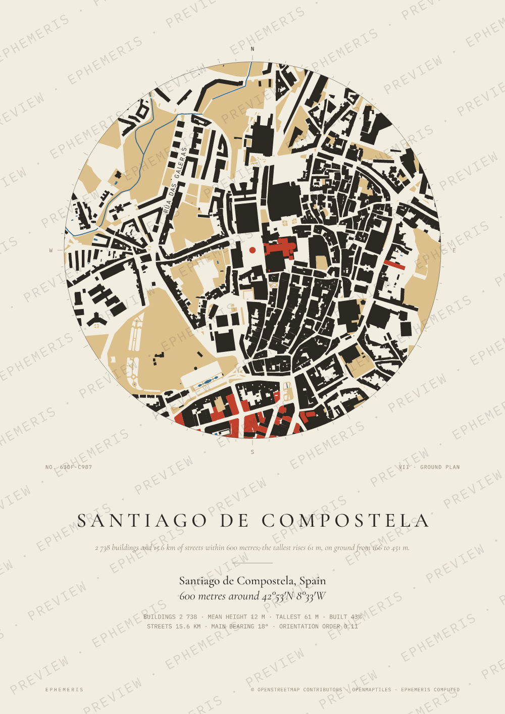Santiago de Compostela map poster: the city drawn as a plan
