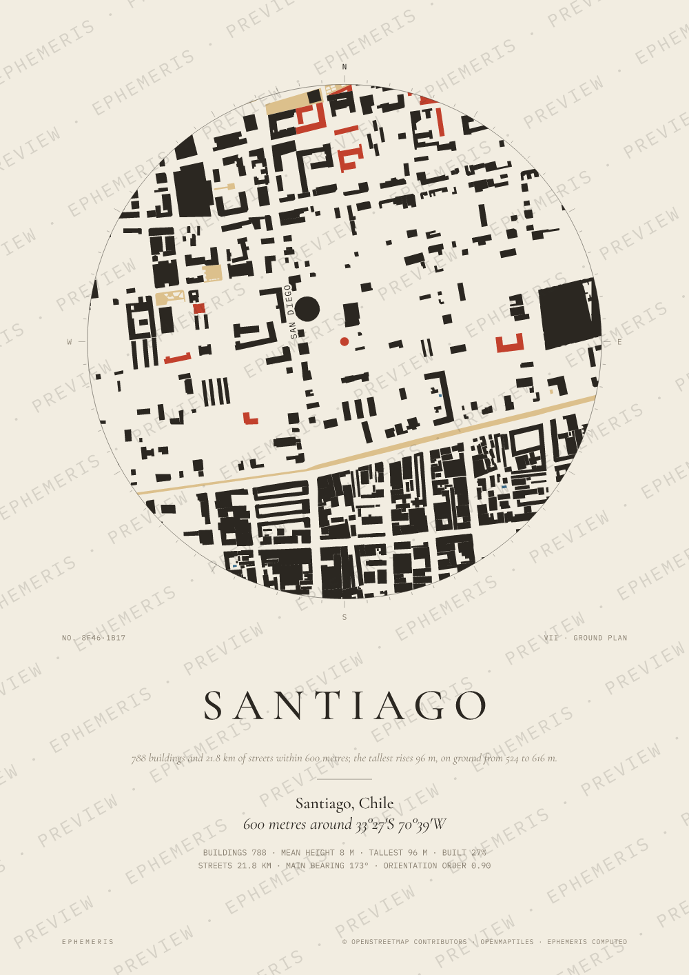 Santiago map poster: the city drawn as a plan