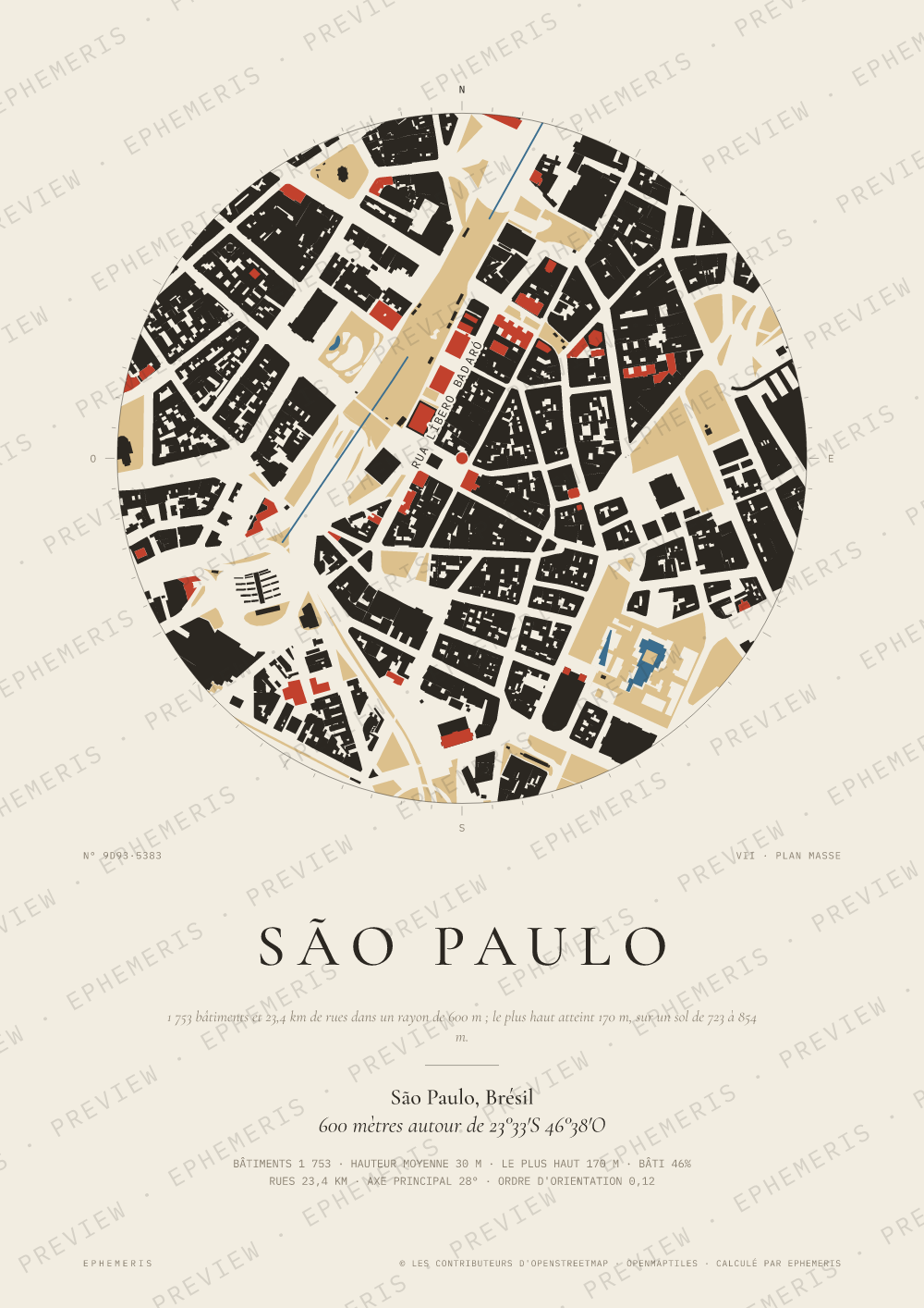 Affiche carte de São Paulo : la ville dessinée en plan