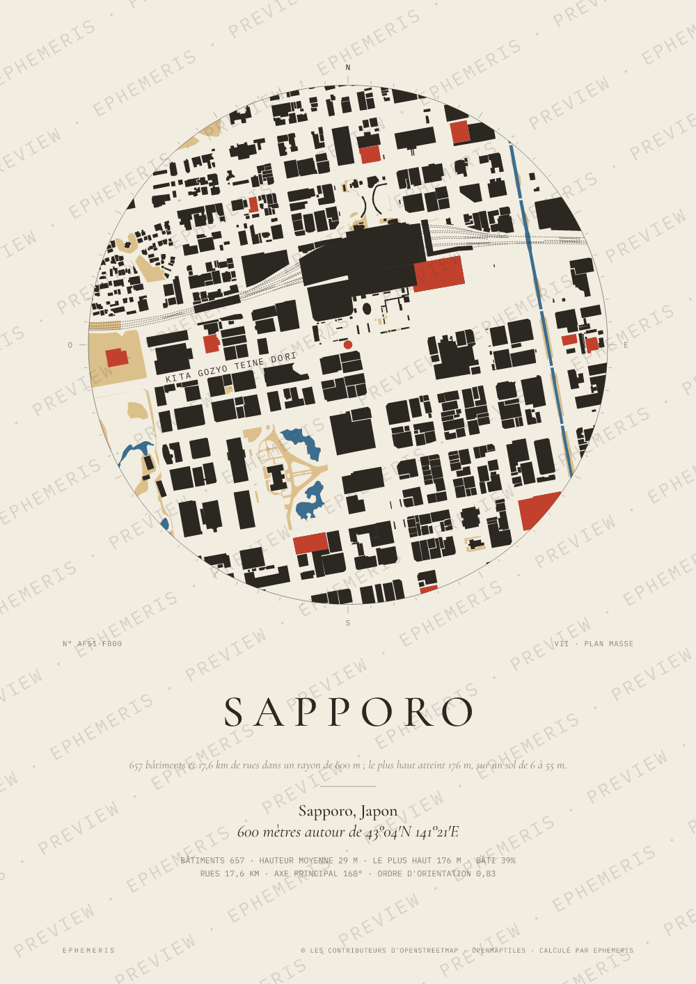 Affiche carte de Sapporo : la ville dessinée en plan